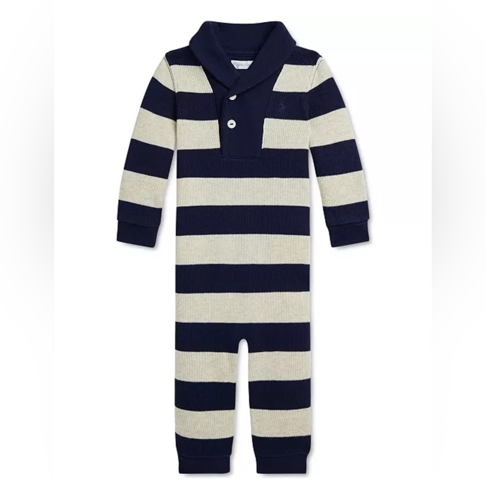Polo Ralph Lauren Baby Cotton Striped Coverall One Piece Navy Blue Stripe Boys